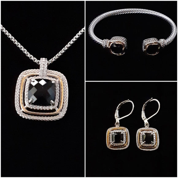 3-pcTwo Tone Square Black Cz Pendant Necklace, Earrings & Bracelet Set