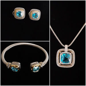 3pc - Blue Sapphire cz square pendant Necklace, Earrings & Bracelet Set