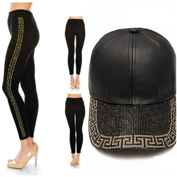 Women's Black & Gold Greek pattern leggings & hat