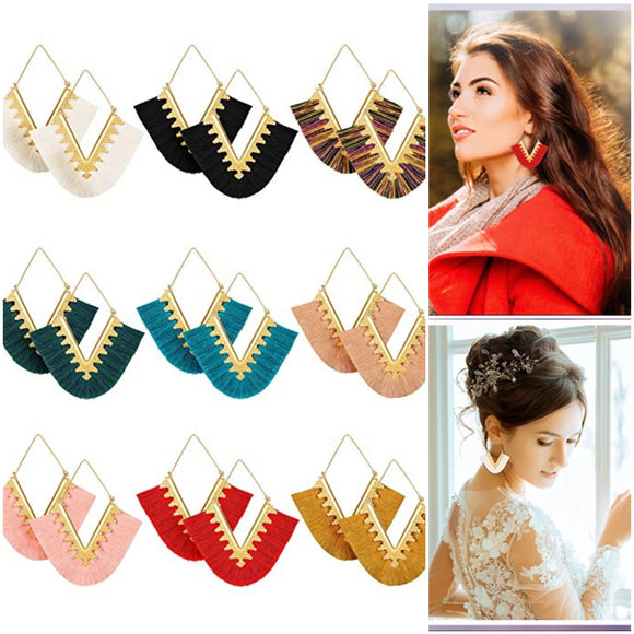 Geometric triangle fringe silky tassel earrings